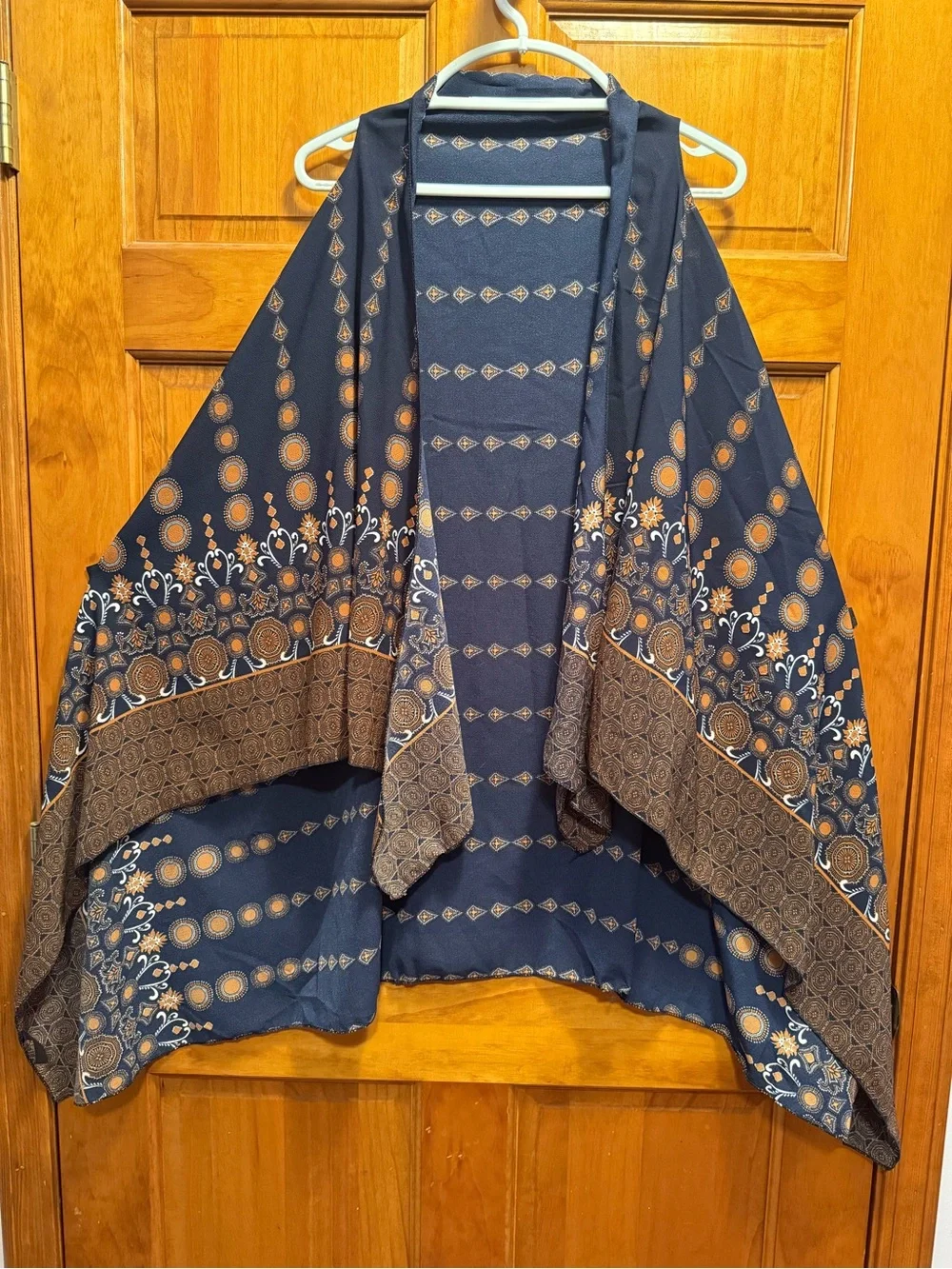 Navy and Brown Patterned Open-Front Tunic Kimono